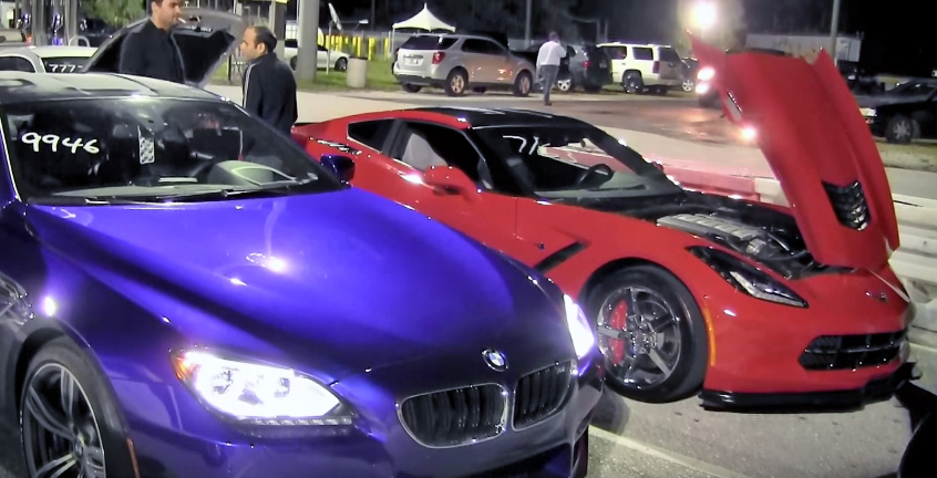 BMW M6 TwinTurbo vs Corvette C7 w/ auto trans - 1/4 mile Drag Race